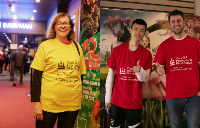 Collage of Volunteers. Woman wearing yellow shirt with Access Volunteer and CIFF logos. Two male volunteers wearing red shirts and CIFF logos.