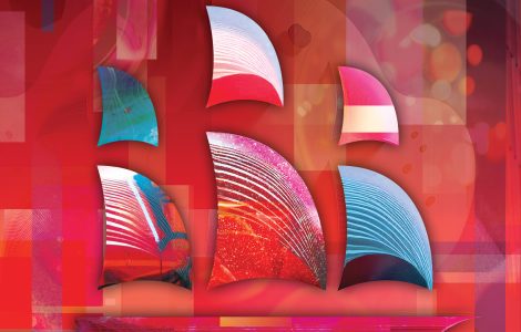 Abstract ship in vibrant hues of red, blue, and pink set against a geometric background.