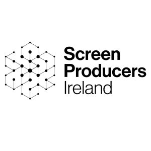 White and Black logo with geometric shape for Screen Producers Ireland